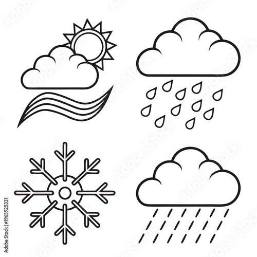 Weather forecast icons set featuring sun cloud wind rain and snowflake symbols for meteorology report and climate monitoring application interface