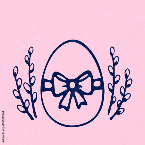Easter egg with ribbon bow and willow branches. Minimalist hand drawn vector illustration on pink background. Greeting card design