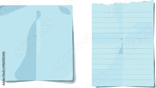 Two sheets of blue wrinkled paper, one with torn edge and lines, the other plain and creased, casting subtle shadows on a white background