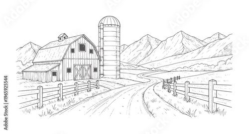 Rustic farm with wooden barn silo and winding road in mountainous landscape