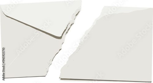 A plain white envelope ripped in half, its jagged tear vividly symbolizing fractured communication, a destroyed message, or the abrupt end of a written connection