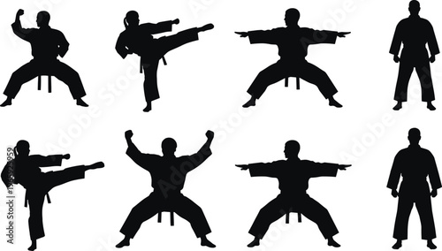 Black and white vector silhouette set of martial artists in traditional karate gi performing various fighting stances, high kicks, and defensive blocks for sports design.