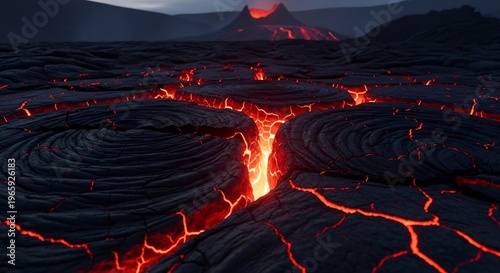 Molten Lava Flowing Through Cracked Earth at Dusk.