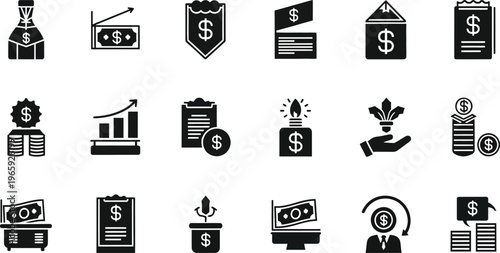 Collection of black and white business and finance icons on a white background