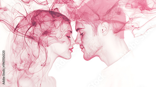 Abstract Pink Smoke Swirls Encircling a Couples Faces in a Romantic Embrace.