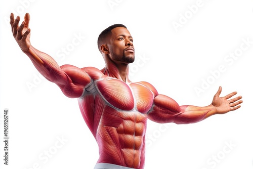 Detailed anatomical illustration of the human muscle system showing male torso and arms extended