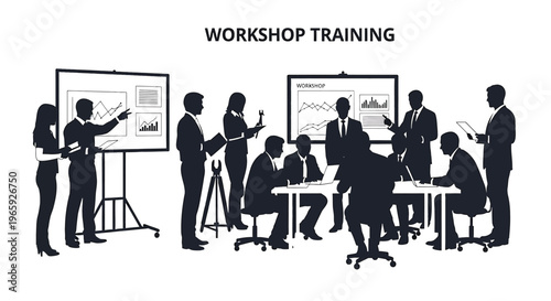 Business workshop training with professional team members, presenters, and participants in a corporate meeting