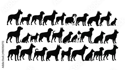 A collection of various dog breeds depicted in stark black shapes against a white background silhouette high quality professional