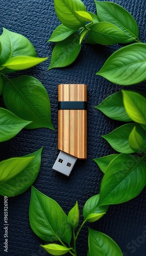 Wooden-Encased Flash Drive Surrounded by Fresh Green Leaves on a Textured Surface, Symbolizing Nature and Technology