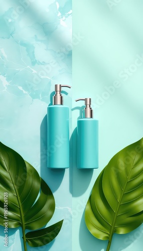 Two Pastel Turquoise Bottles with Silver Pumps, Displayed with Tropical Greenery on a Light and Textured Background