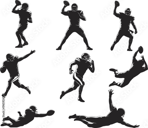 American football player silhouettes set featuring quarterback throwing, running back sprinting, diving catch action poses, sports illustration isolated on white background for design use