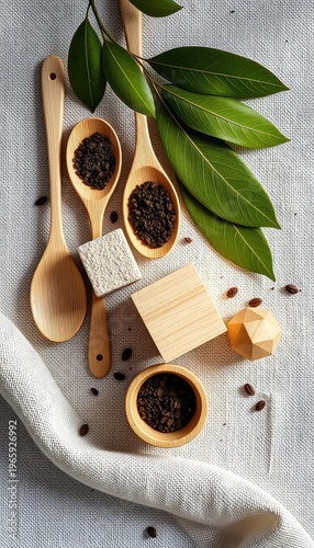 Still life of dark granules, wooden spoons, green leaves and neutral geometric shapes, resting on a textured, woven fabric