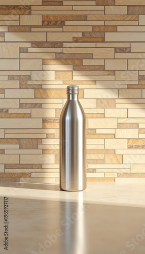 Refillable metal bottle sitting on a surface in front of a neutral toned geometric pattern backsplash under some natural sunlight