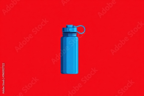 Minimal blue water bottle icon on bold red background for fitness and hydration design