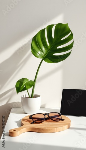Minimalist desk setup with monstera plant, eyeglasses on a wooden board, and electronic tablet creating a serene and focused workspace atmosphere