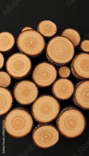 Pile of Wood Logs Cross Sections Stacked Neatly on Black Background, Ideal for Lumber Industry and Sustainable Forestry Concepts