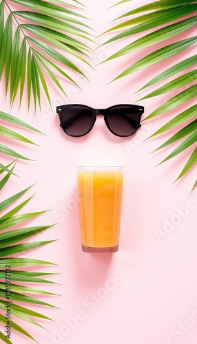 Refreshing orange juice and sunglasses arranged with green leaves against a pastel pink backdrop for a light and airy summer themed presentation