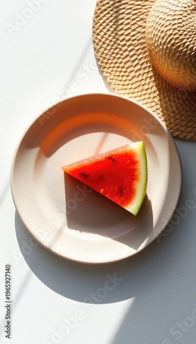 Slice of Refreshing Watermelon on a Plate Beside a Straw Hat with Natural Light Casting a Shadow