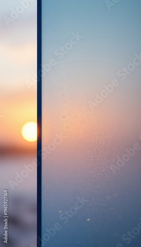 Sunrise reflected on a condensation covered glass panel with blurred horizon and abstract color gradation