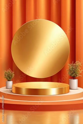 Golden backdrop with round podium and elegant stage for product display and luxury branding