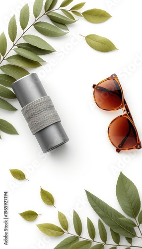 Elevated flat lay of personal accessories with green foliage against clean white backdrop creating a serene and stylish composition