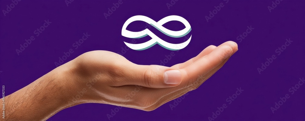 Fototapeta premium Hand offering a floating infinity symbol over a purple background representing continuity and limitless potential