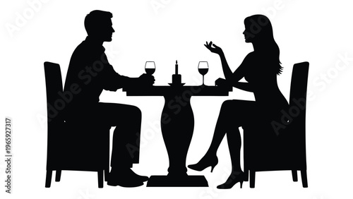 A romantic dinner for two is depicted with a man and a woman seated at a table shown in silhouette