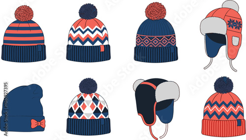 Collection of winter knit beanie hats and trapper hat flat vector illustrations with pom poms, stripes, chevron patterns, and ear flaps for cold weather.