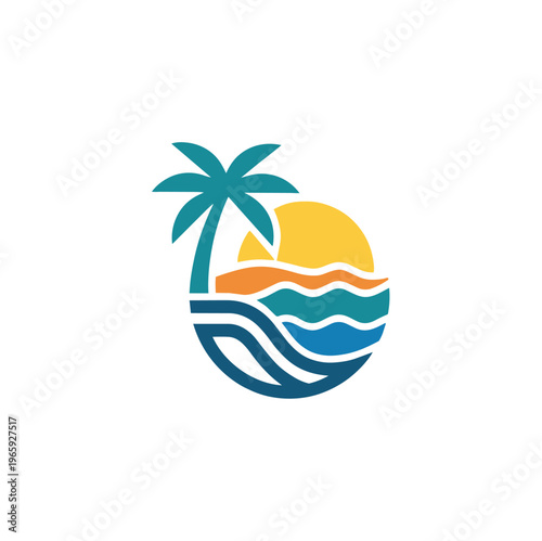 Tropical beach logo vector, minimalist palm tree and ocean waves icon, summer sunset coastal emblem for travel and tourism branding