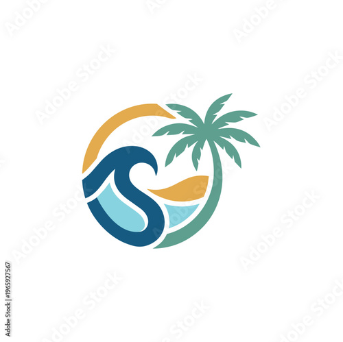 Tropical beach logo vector, circular ocean wave and palm tree emblem, summer vacation travel icon with sun and sea elements