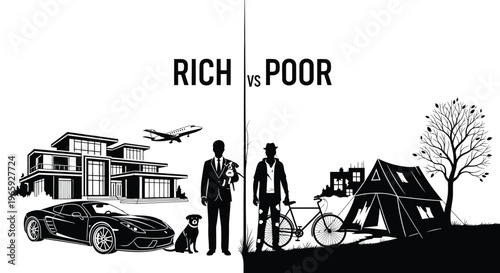 Rich versus poor lifestyle comparison concept, silhouette illustration of a wealthy person with a mansion, luxury car and private jet versus a homeless person with a tent and bicycle