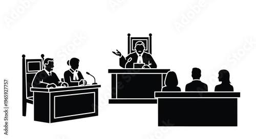 Courtroom scene with judge, lawyers, and jury, legal proceedings, justice system, trial in progress, courtroom interior, black and white vector illustration