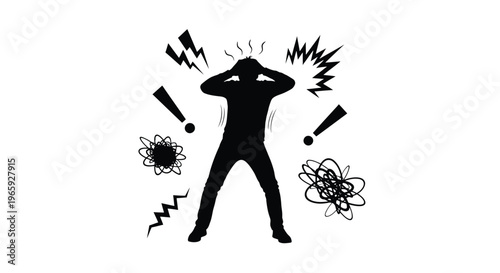 Silhouette of a stressed person holding their head in hands, feeling overwhelmed, anxious, and frustrated, conceptual illustration of mental health struggle, burnout, and pressure