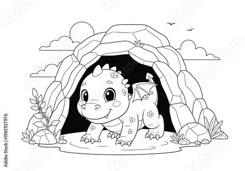 Cute baby dragon standing in front of a stone cave entrance, cartoon style illustration for children coloring book page, simple line art, black and white drawing
