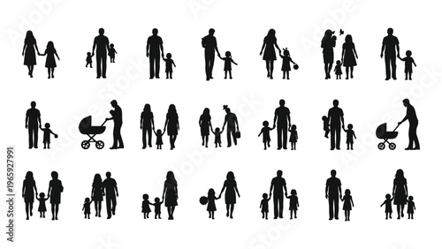 A collection of black silhouettes depicts diverse family groupings including parents and children walking together silhouette high quality professional