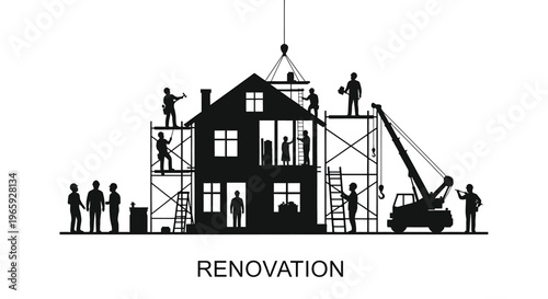Silhouette of construction workers renovating a house, building renovation concept