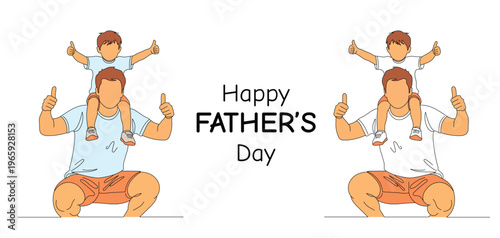 Happy fathers day greeting card with a father carrying his son on his shoulders, doing squats