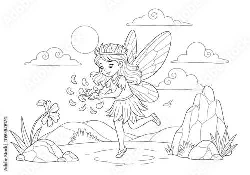 Coloring page for children with a cute fairy scattering flower petals in a magical landscape with mountains, clouds, and a sun