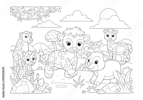 Cute cartoon wild animals in the jungle, coloring book page for children with a lion cub, leopard, and other savanna creatures in a natural habitat