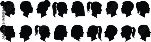 Silhouettes of diverse human head profiles with unique hairstyles and shapes, arranged in rows, symbolizing individuality, diversity, anonymity, and creative design for illustration use.