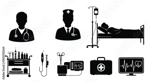 Set of medical icons including doctor, nurse, patient in bed, medical cart, iv drip, blood pressure monitor, first aid kit and heart rate monitor