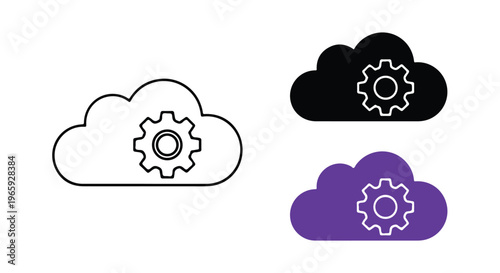Flat design illustration of cloud computing icons with gear mechanisms in white, black, and purple on a clean background.