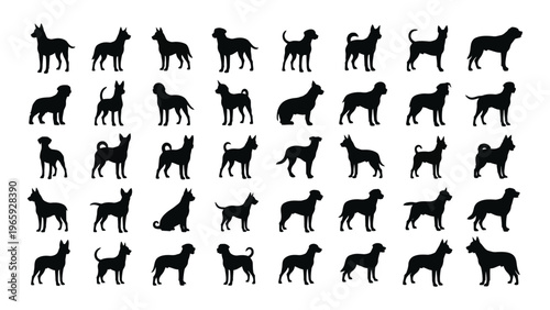 A diverse collection of canine figures are displayed in a repeating pattern presented as a striking silhouette high quality