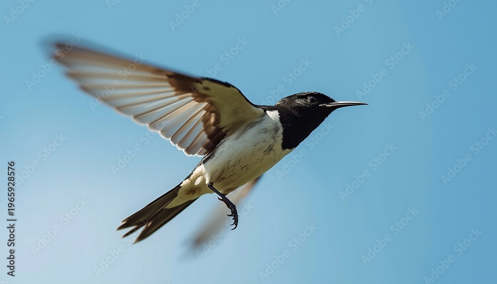 Obraz premium A sleek black and white bird with wings slightly blurred in motion flies energetically against a clear, azure blue sky.