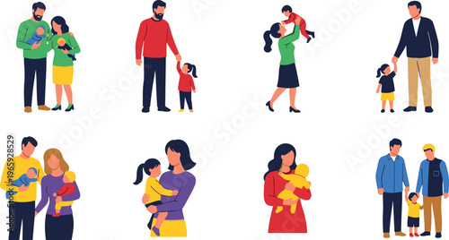 Flat Vector Illustration Set of Happy Diverse Families Including Parents with Newborn Babies, Mothers Carrying Toddlers, Fathers Holding Children's Hands, and Smiling People.
