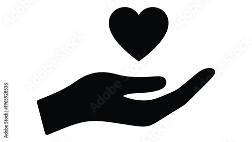 A black silhouette depicts an open hand gently holding a heart shape above it symbolizing care and love silhouette