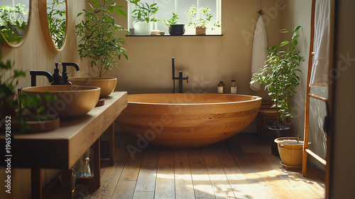 Serene Wooden Bathtub in a Sunlit Bathroom Oasis.