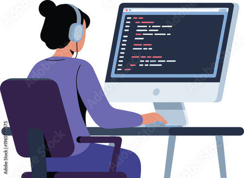 Woman software engineer wearing headphones working on computer coding website script on desktop screen in modern office workspace
