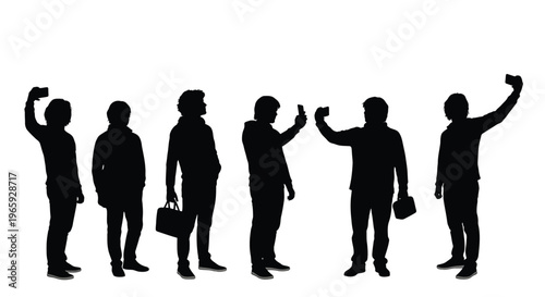 Silhouettes of a group of people taking selfies with smartphones