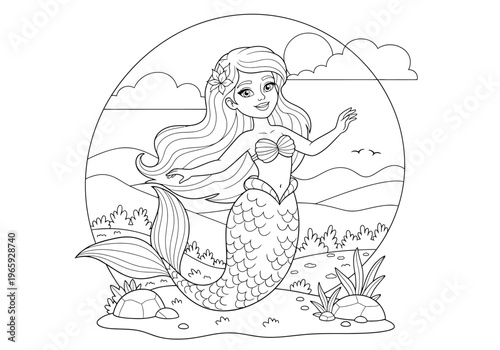 Cute mermaid coloring page for kids, cartoon character with long hair and seashell top, underwater scene with hills, clouds, and sea plants in the background, black and white line art illustration